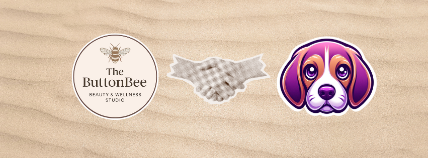 ButtonBee Logo, a handshake icon and the Purple Beagle Digital logo