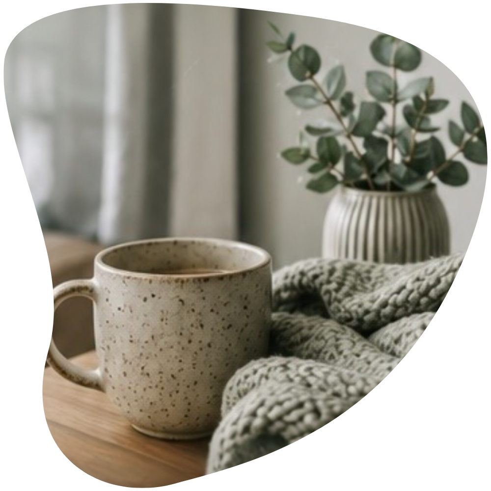 A coffee cup, a blanket and a plant